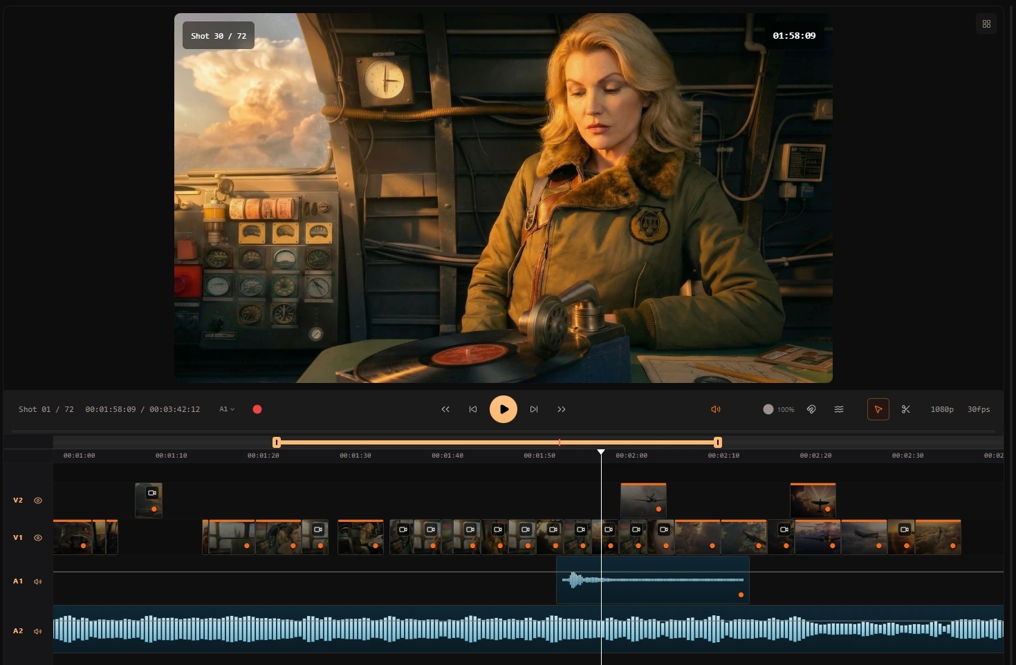 Edit timeline view showing assembly, pacing, and finishing in one workspace.