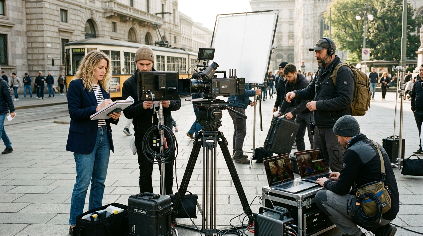 Commercial film crew clarifying responsibilities before production begins