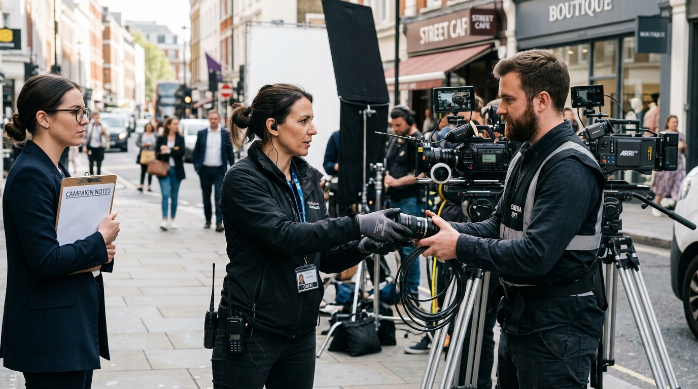 Production lead coordinates a handoff beside an active camera