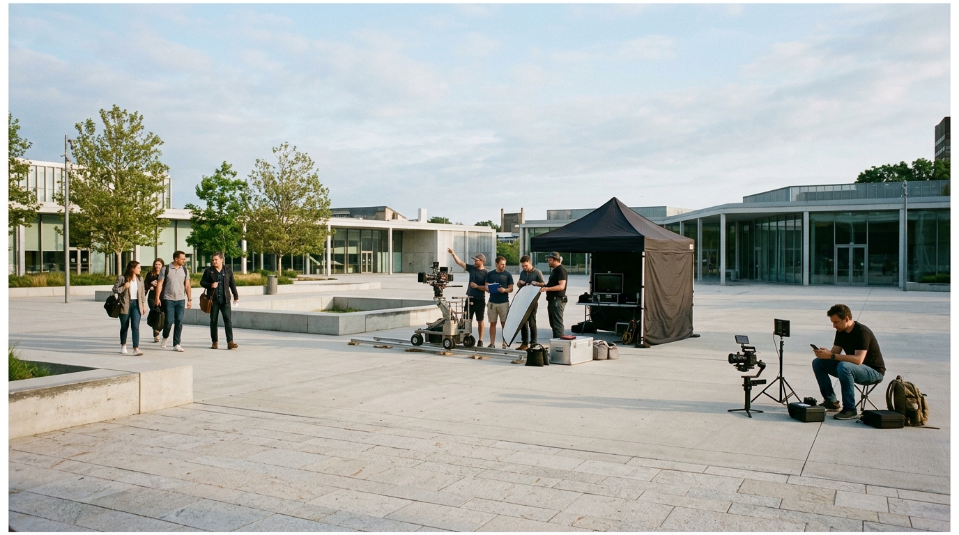 Agency and production teams meet at a commercial film location