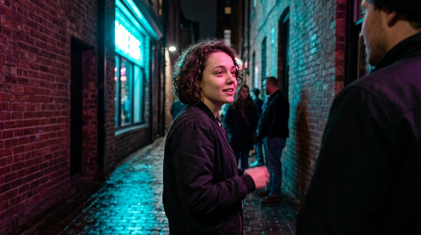 Filmmaker caught in neon alley conversation