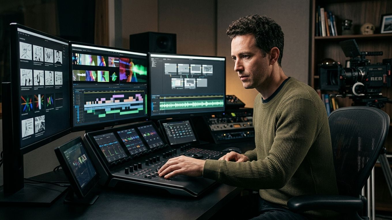 Filmmaker orchestrating AI outputs into a cohesive film workflow