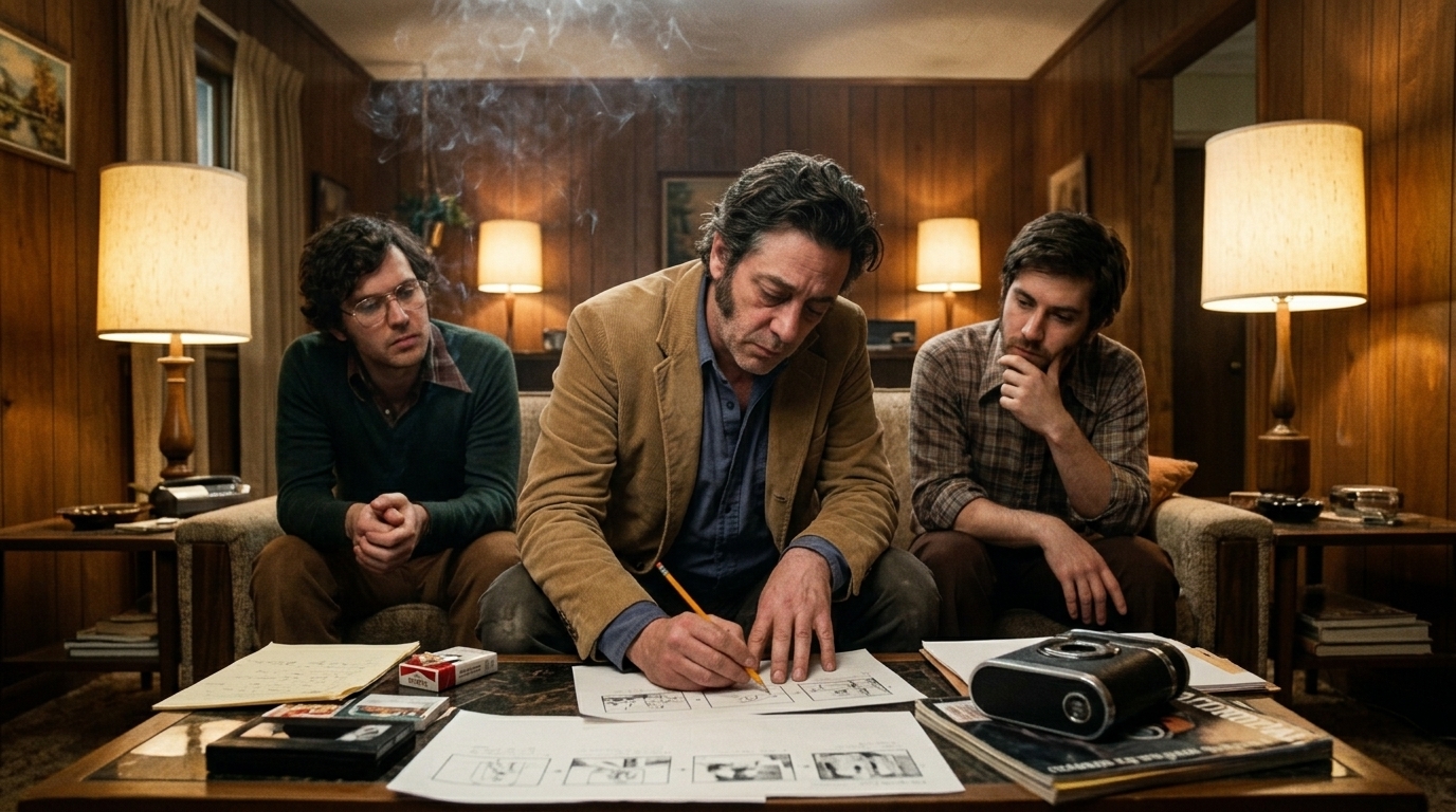 Creative director studies a sequence in a 1970s living room