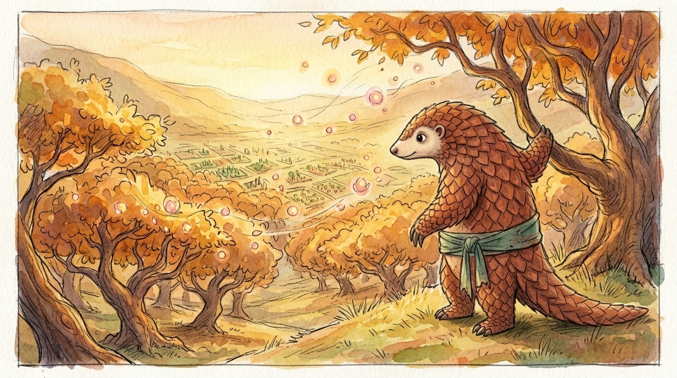 Pangolin watches glowing story buds spread across the valley