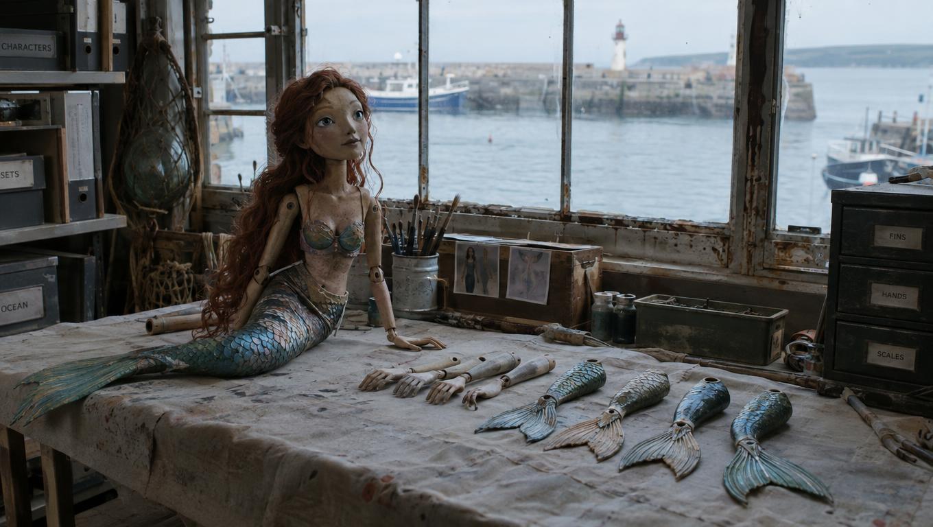 Hand-painted mermaid puppet beside modular animation components