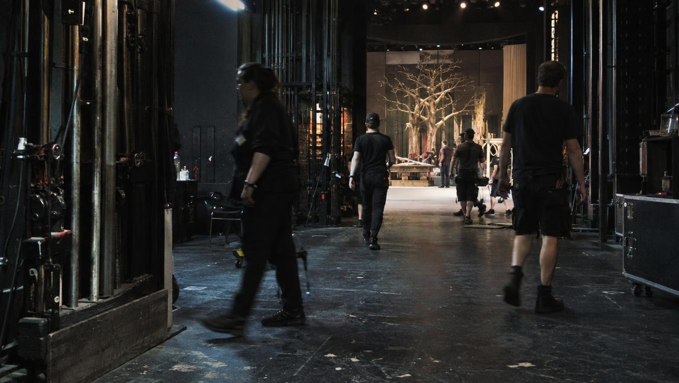 Backstage theatre crews prepare a production with shared responsibility