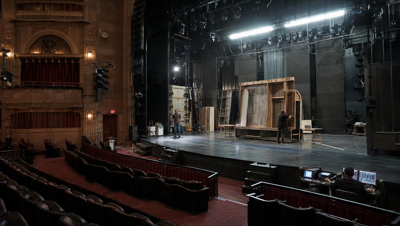 Backstage theatre crew prepares a complicated production before rehearsal