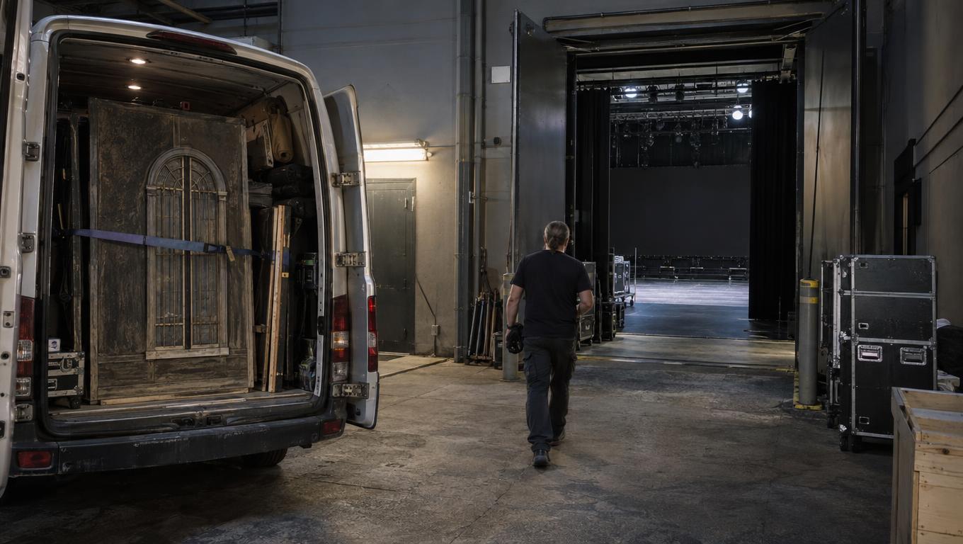 Finished theatre production leaves the loading dock after approval