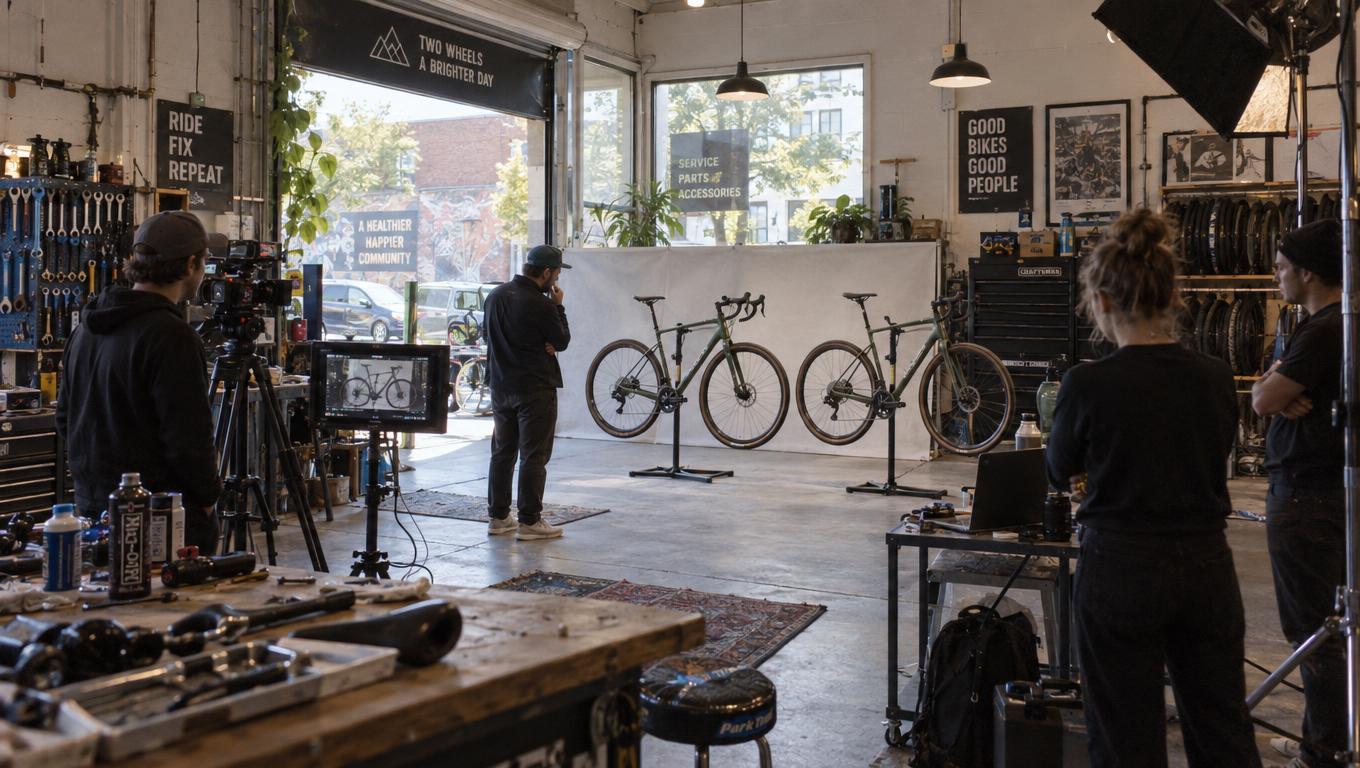 Diretor analisa bicicletas com configurações correspondentes antes de uma sessão de fotos de produto