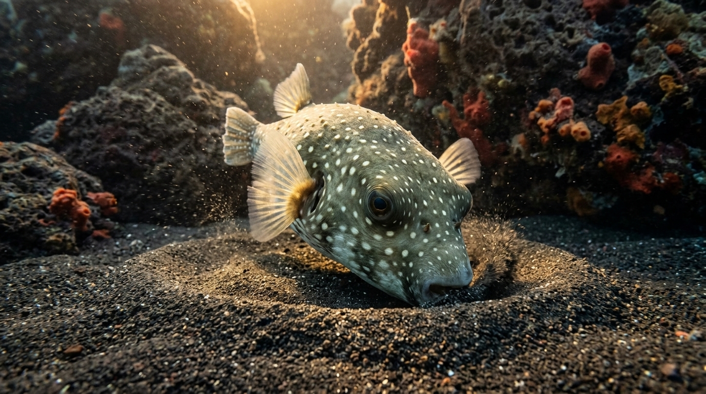 Pufferfish carves a precise courtship pattern into sand