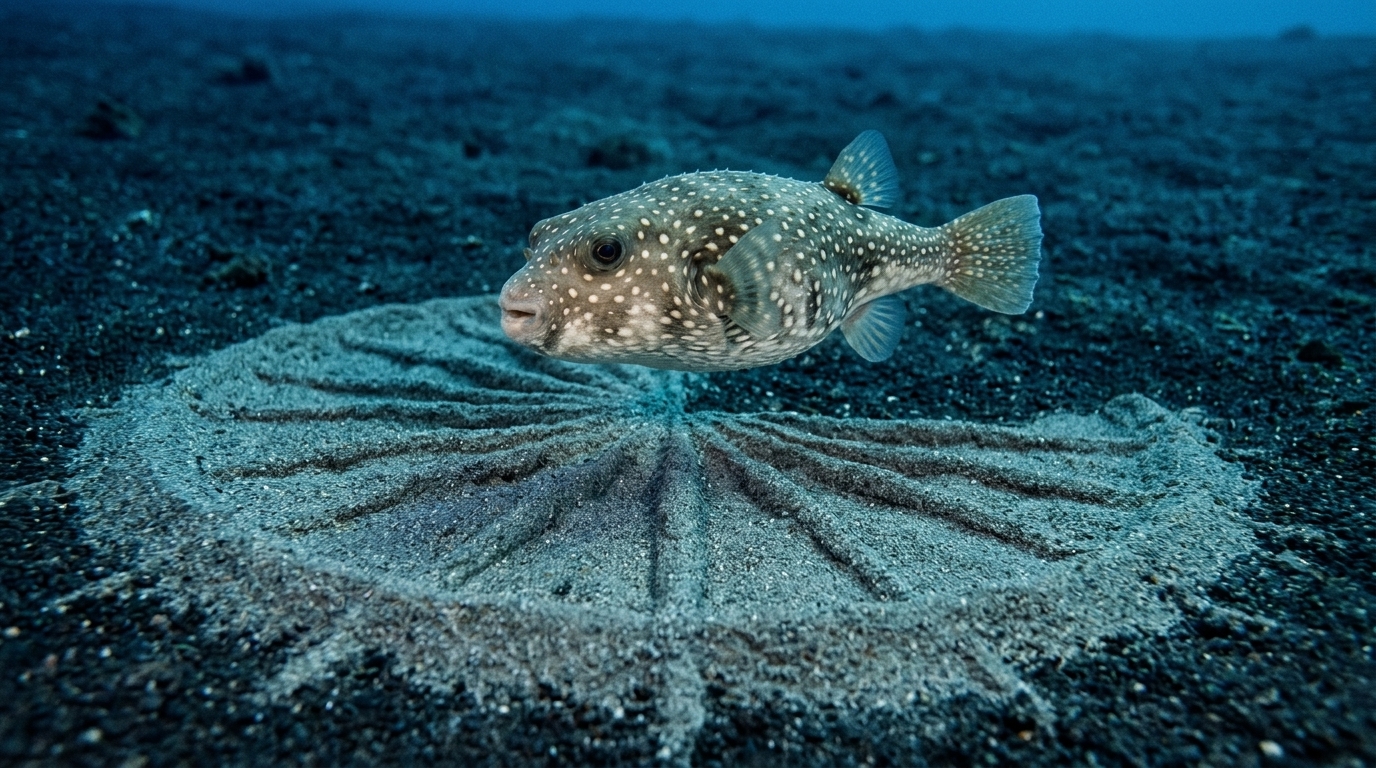 Pufferfish calibrating a courtship arena on a reef