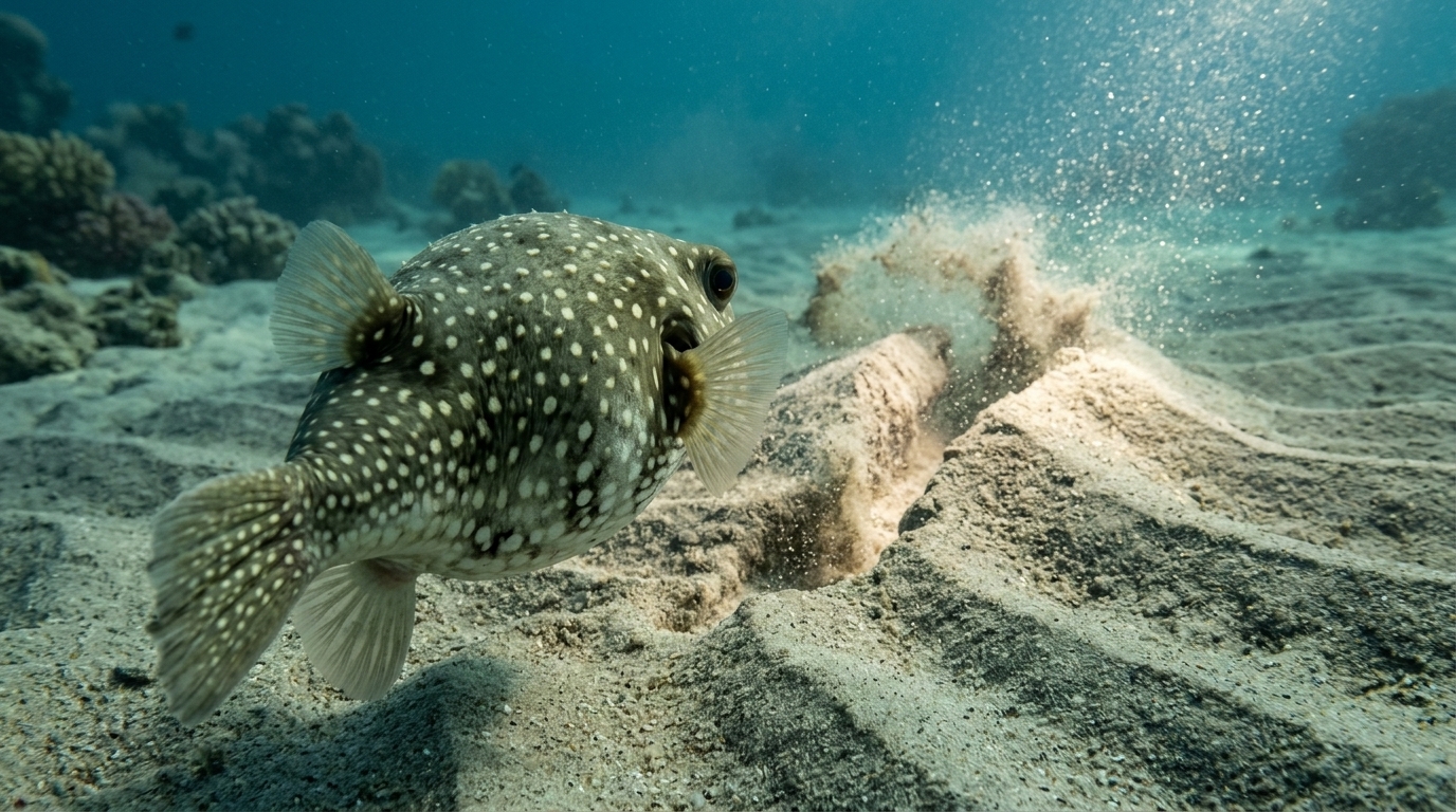 Pufferfish notices the current undoing its raised design