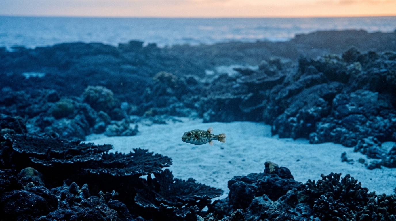 Pufferfish surveys a reef arena before shaping it
