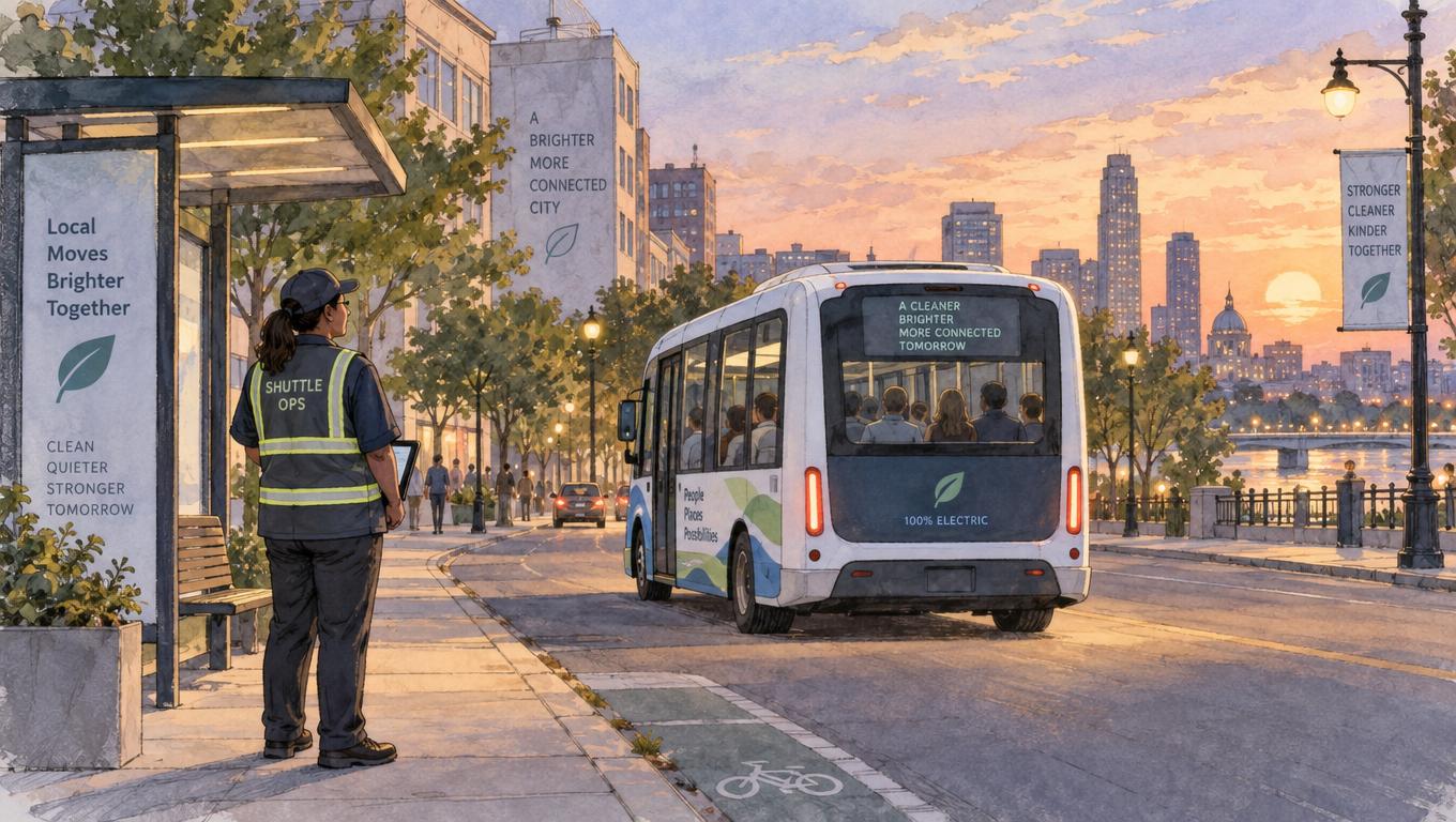 A finished electric shuttle carries passengers along its route