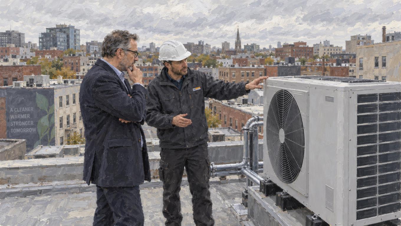 Building owner examines a heat pump with an engineer