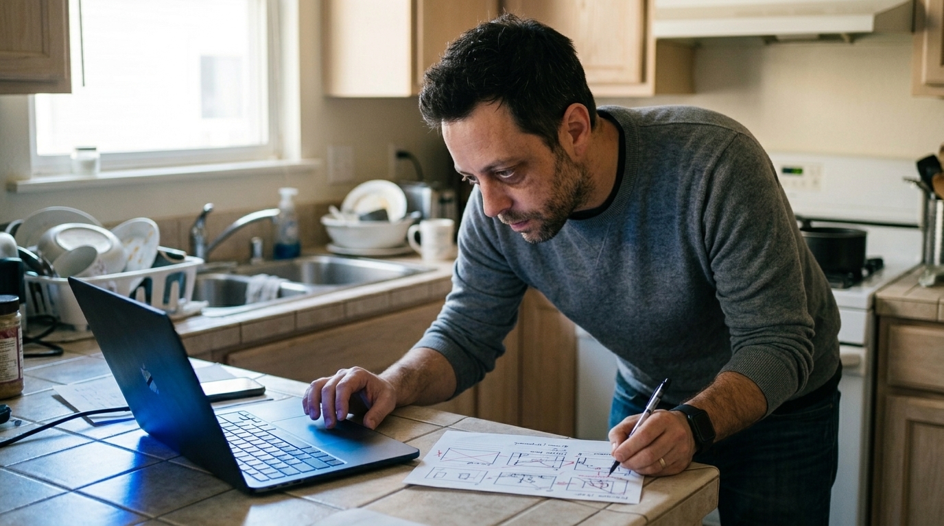 Creative producer reviewing frames in a kitchen