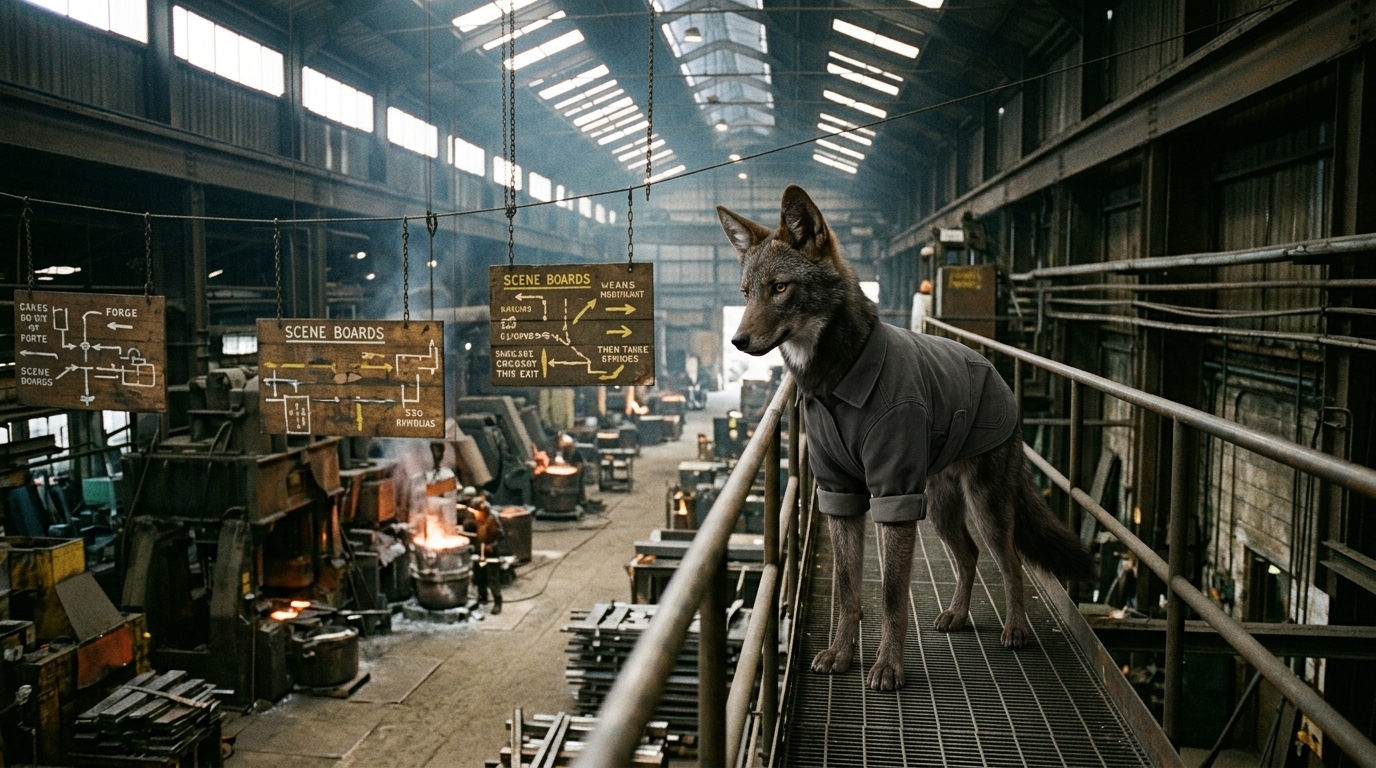 Jackal surveys a planned route in the foundry