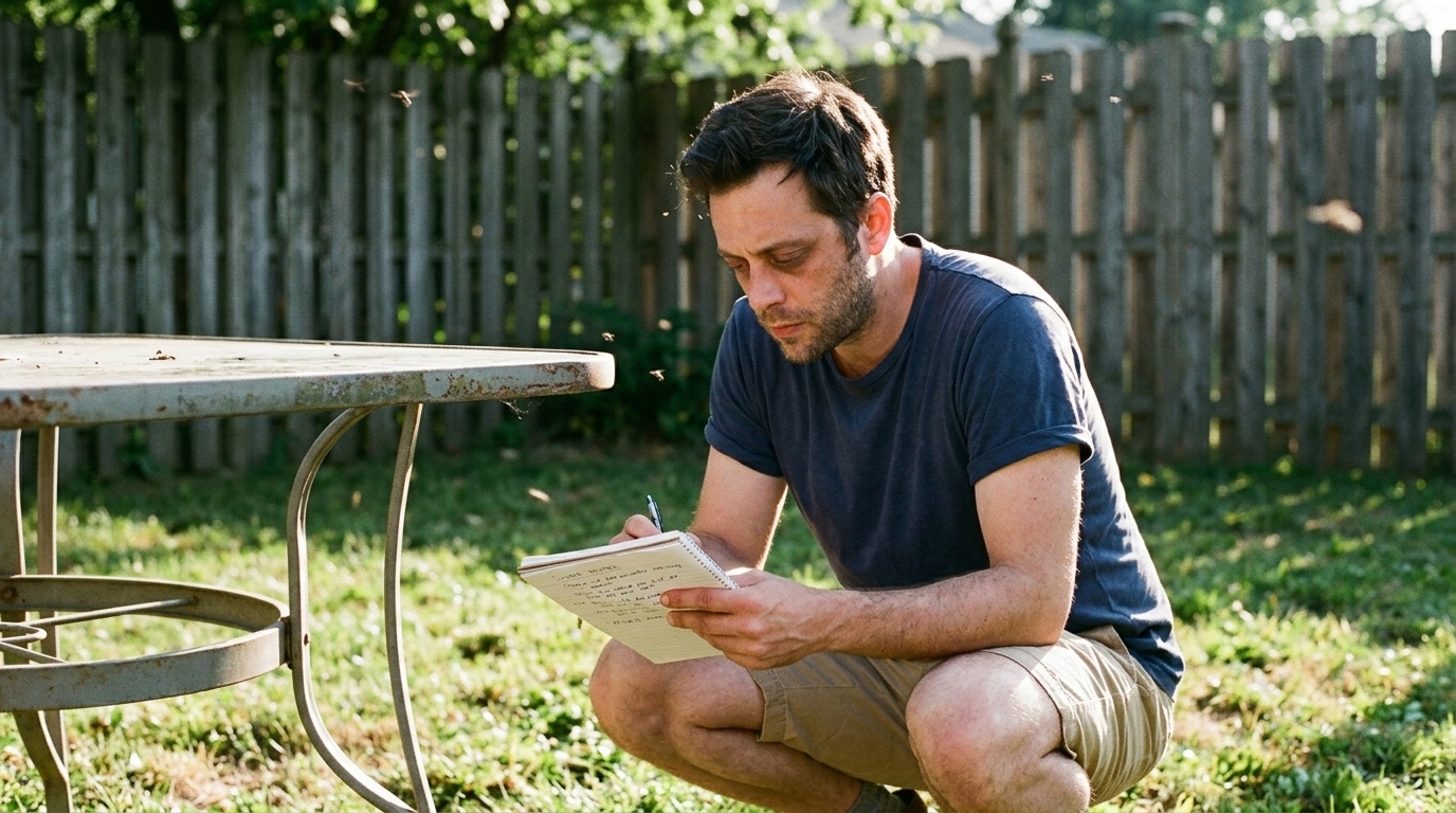 Filmmaker studying notes in a shaded backyard