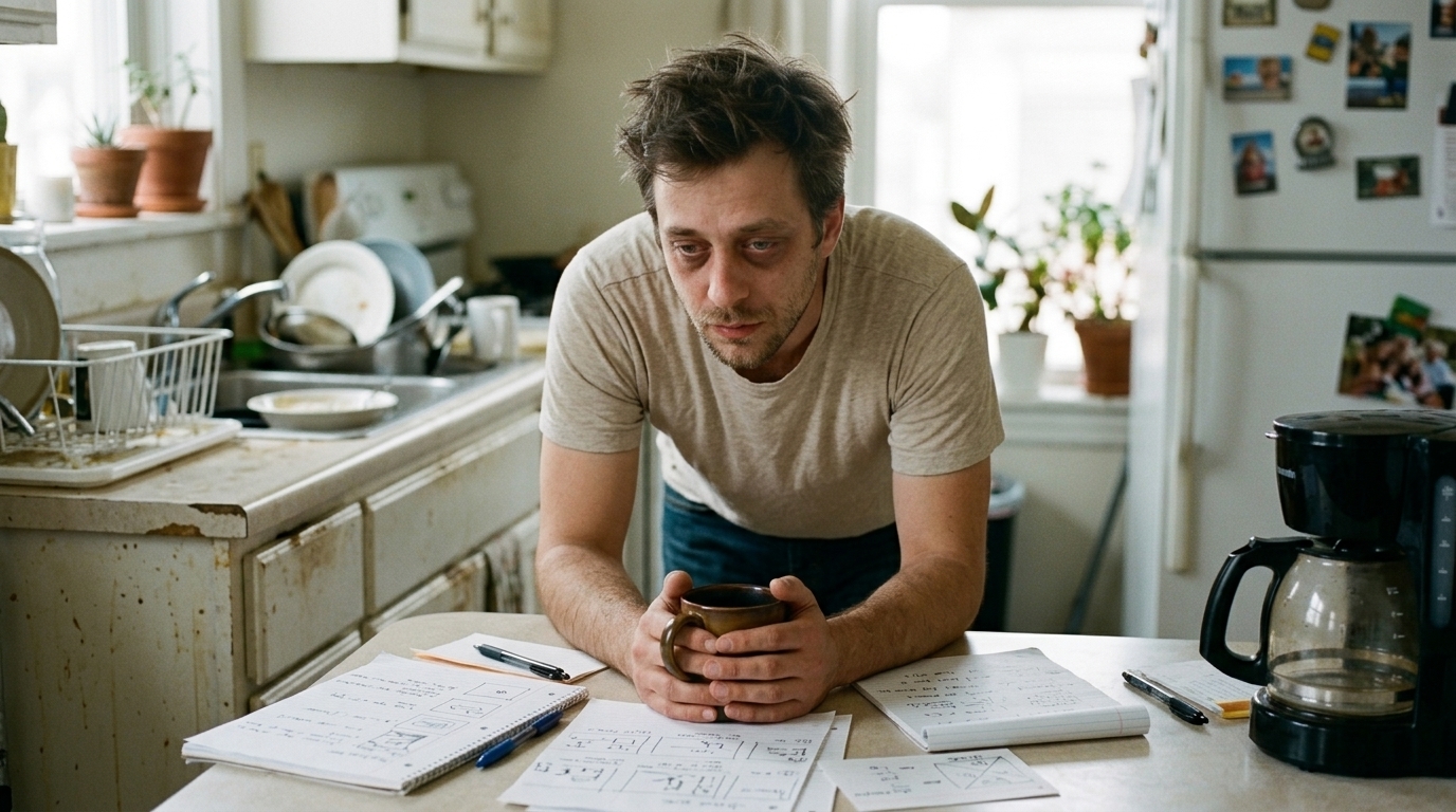 Filmmaker studying notes at a kitchen table