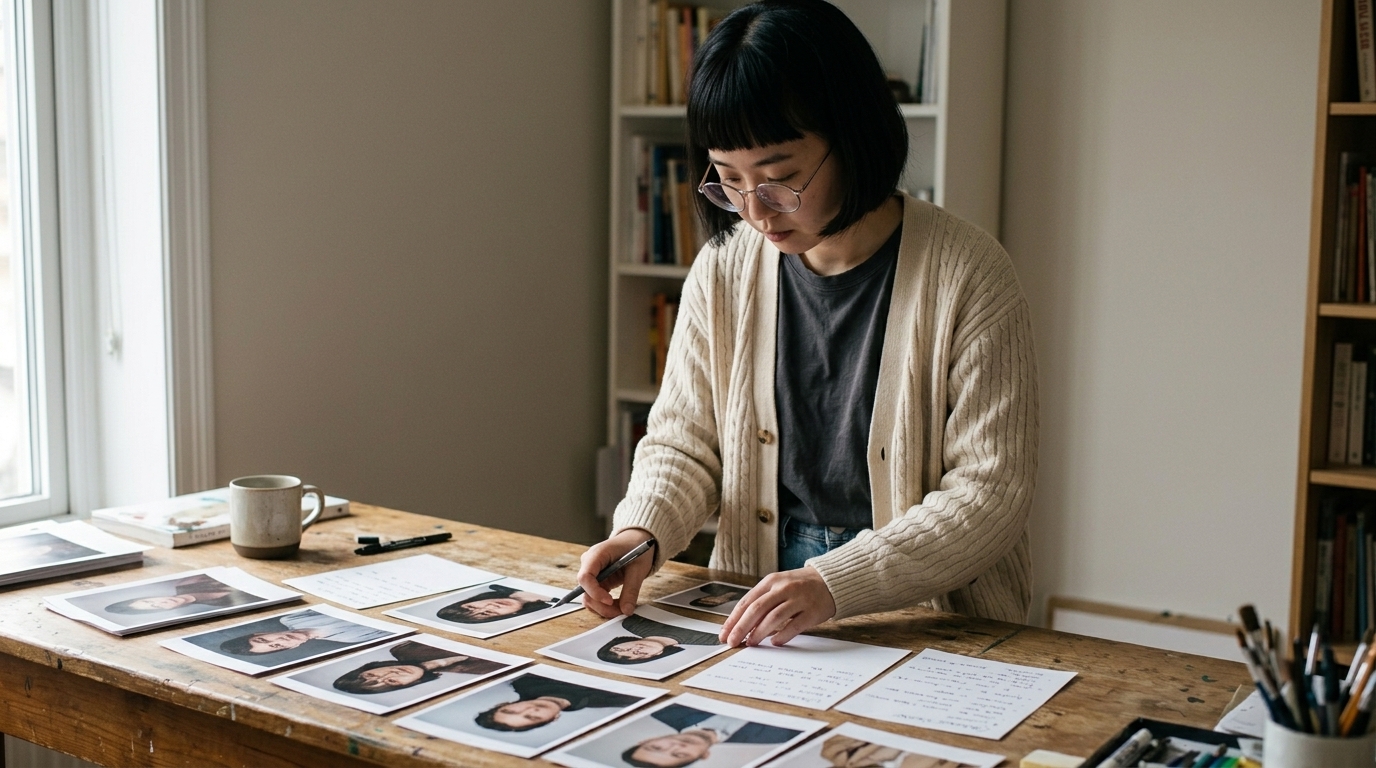 Notes, portrait prints, and scene references in layers