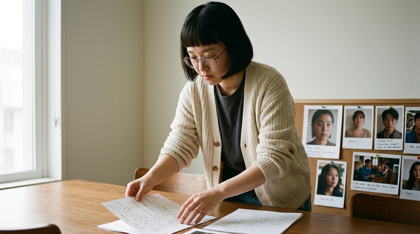 Filmmaker sorting reference notes by window light