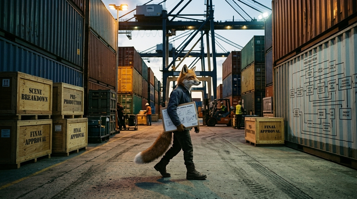 Small fox in a container yard with story beats