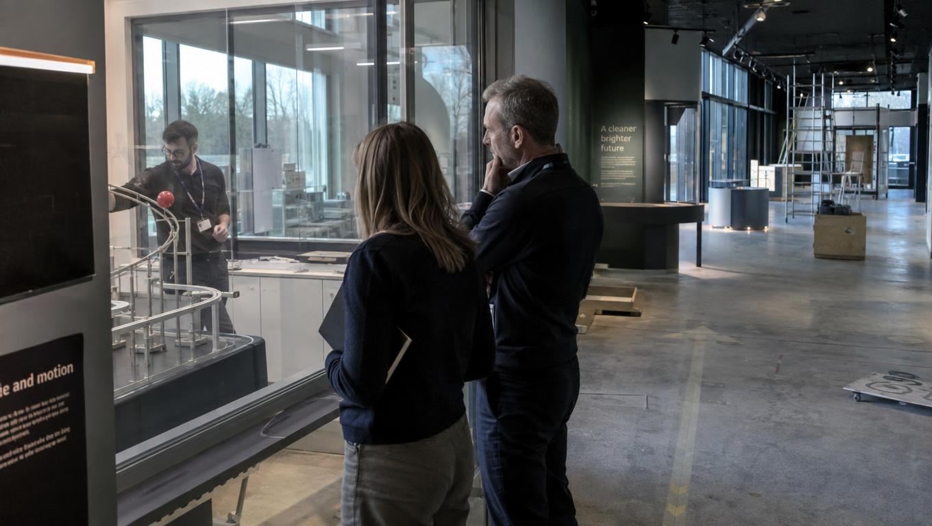 Commissioning lead observes a science gallery demonstration before production decisions
