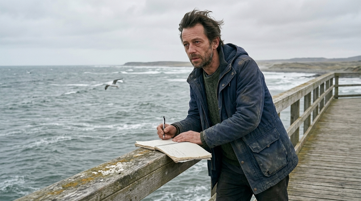 Writer-director studies notes on a windy boardwalk