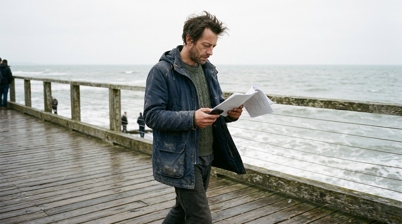 Filmmaker reviews scenes beside the shoreline