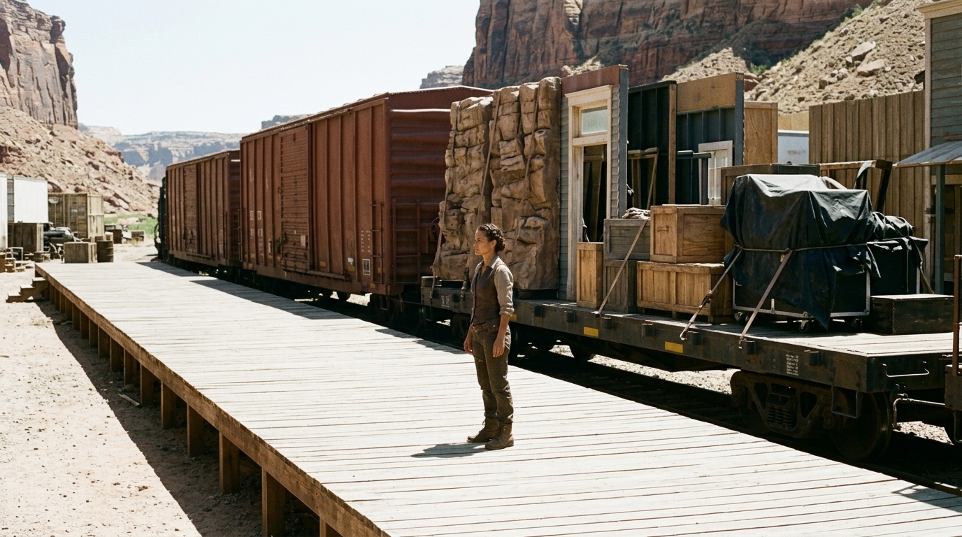 A marshal-like producer stands in a canyon backlot