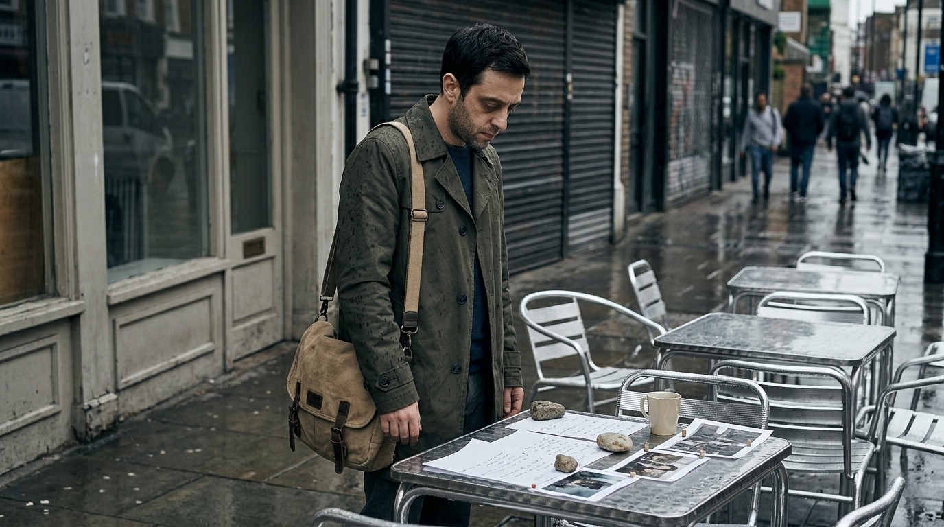 Creative lead reviewing notes beside a wet sidewalk