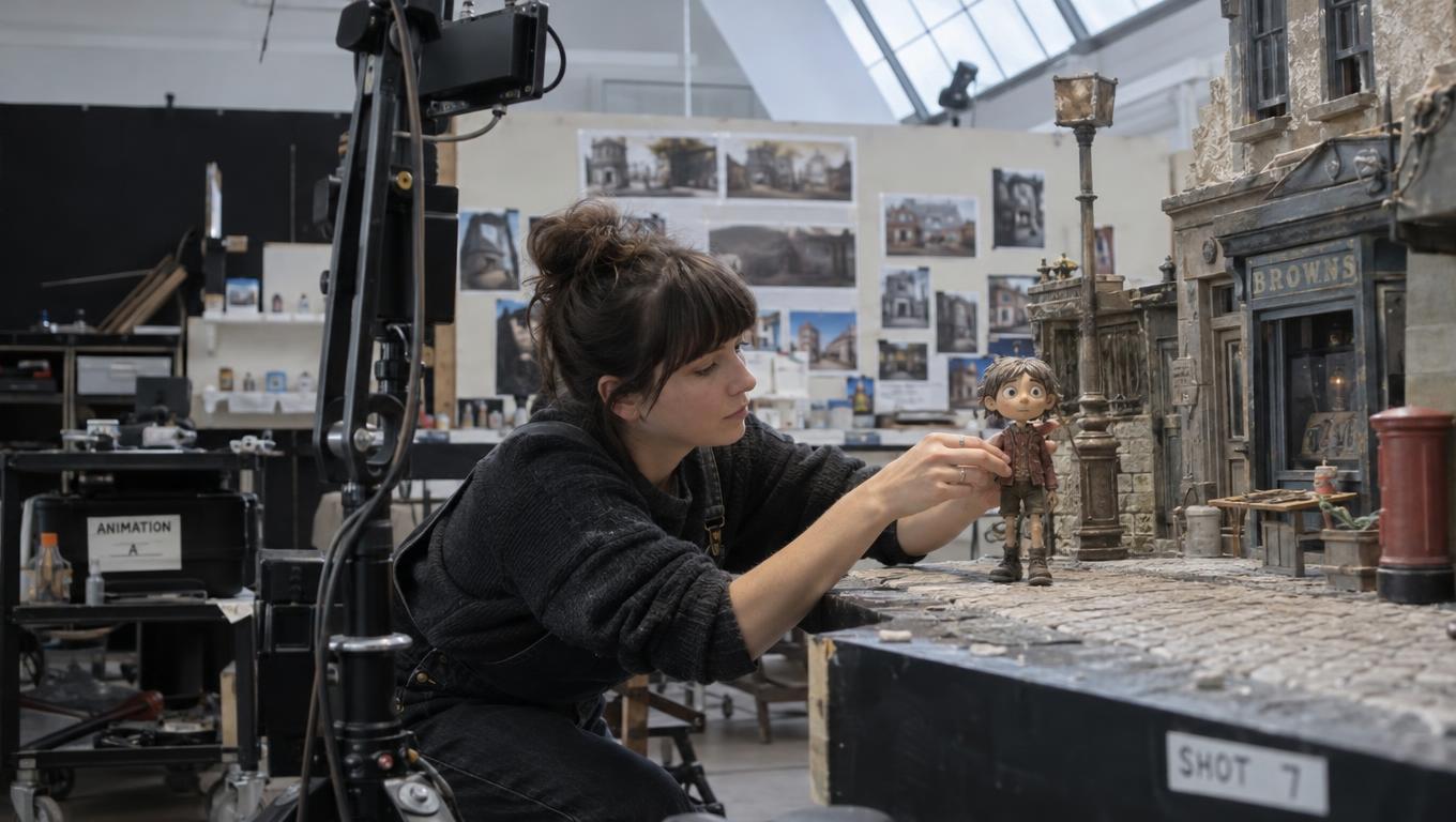Production lead checks a product prop on an animation stage