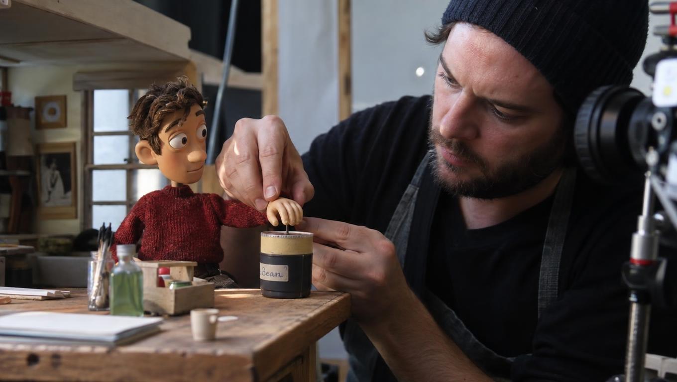 Animator korrigiert die Hand einer Figur um ein Produktmuster