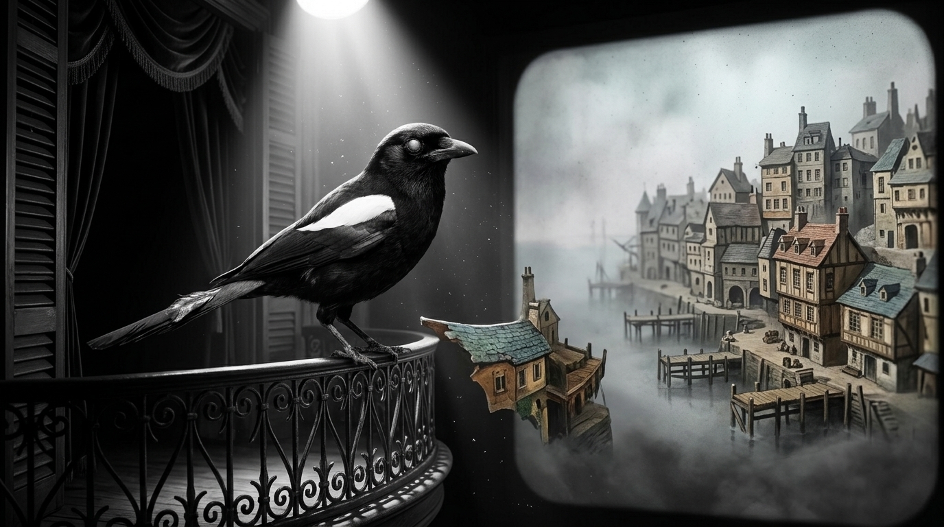 Magpie weighing physical scenery against a lantern-made city