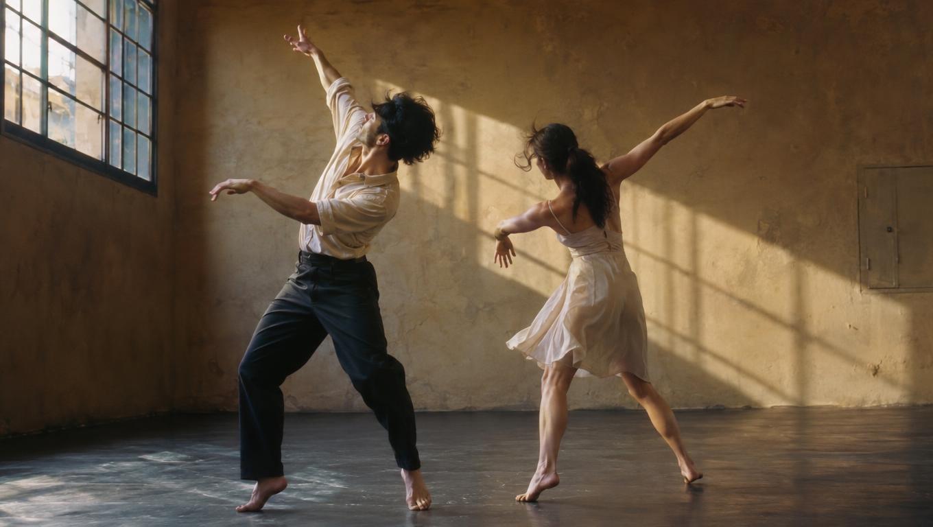 Dancers hold a precise counter-rotating pose on a bare stage