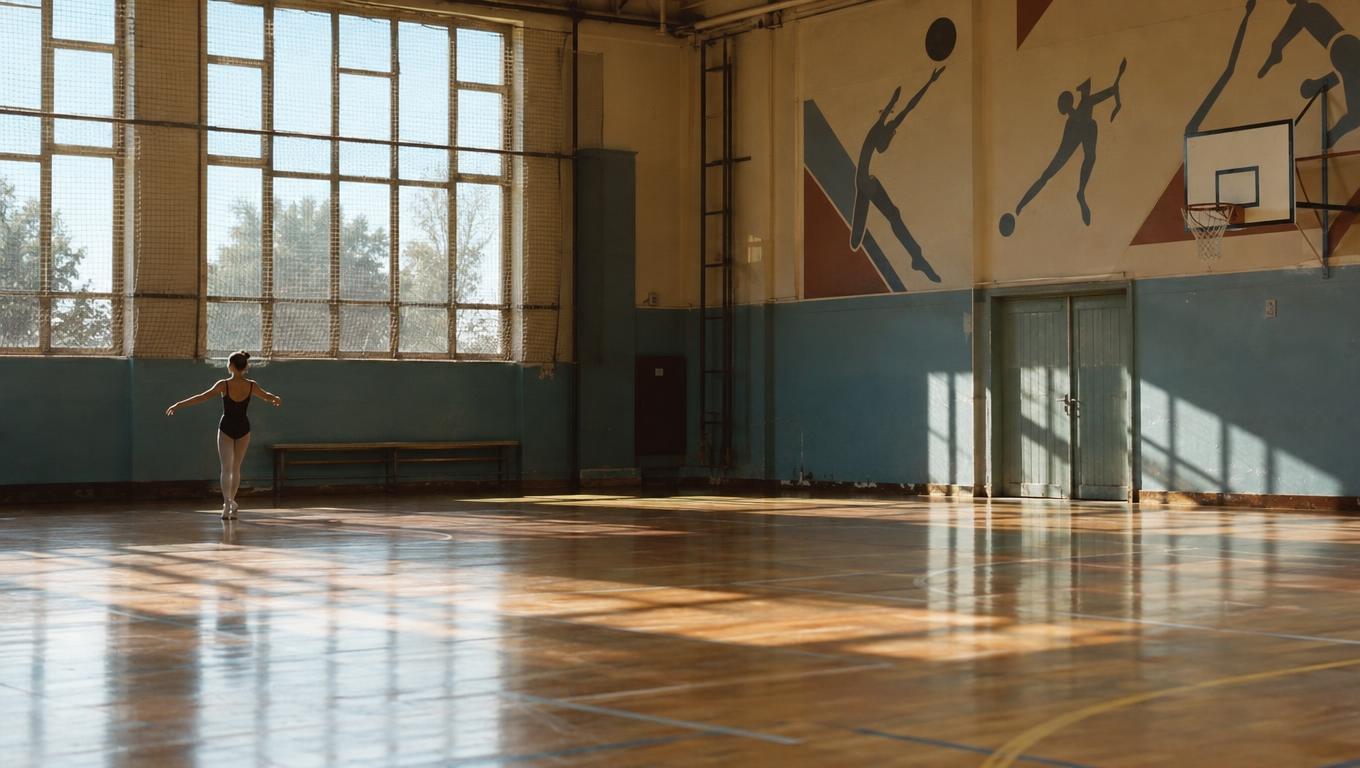 Dancer prepares a difficult turn inside a vast movement hall