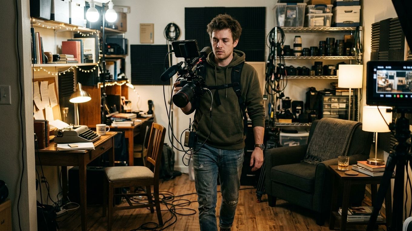 Filmmaker moving through one connected production space
