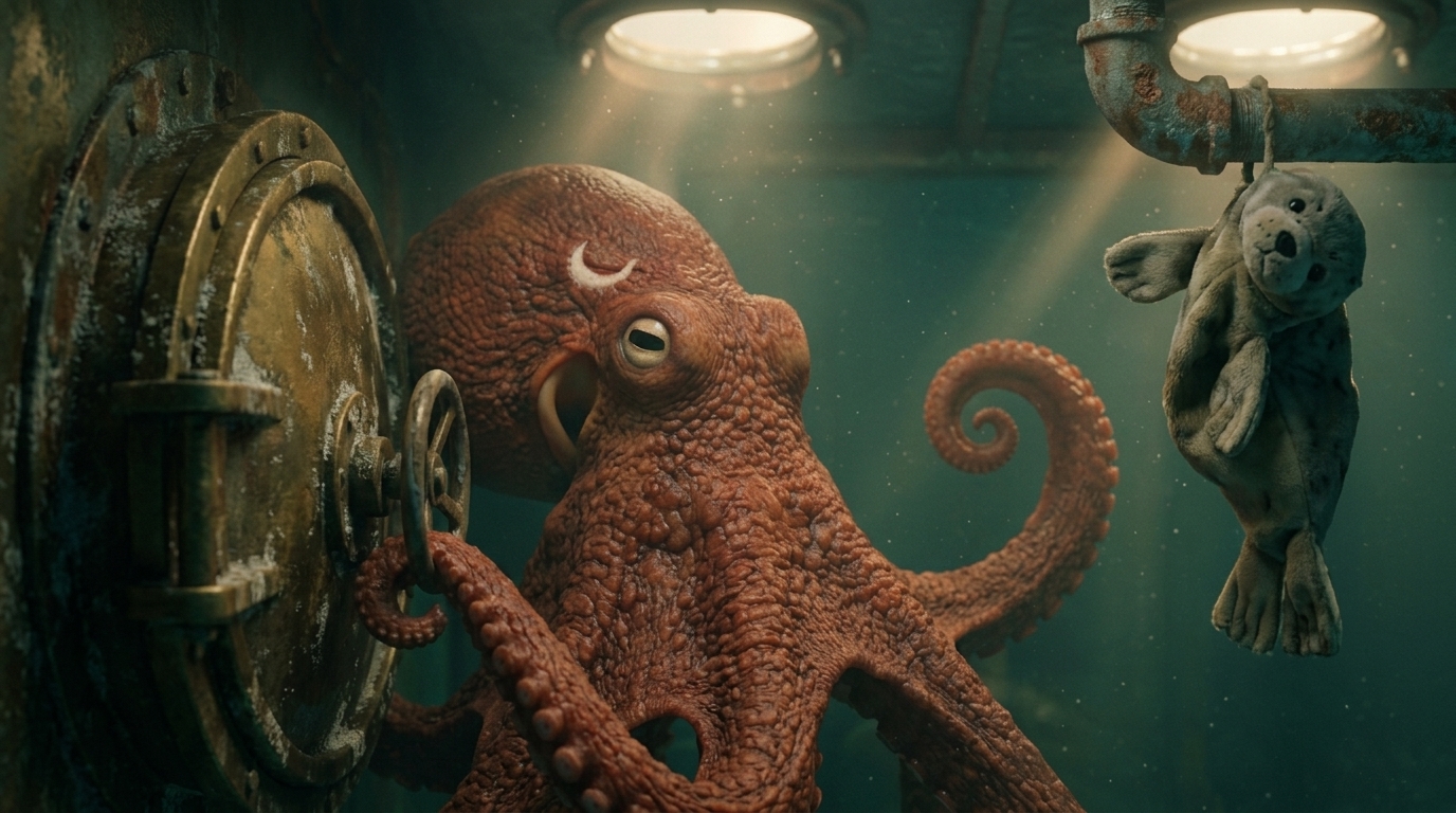 Un pulpo comprueba una escotilla real frente a una falsa