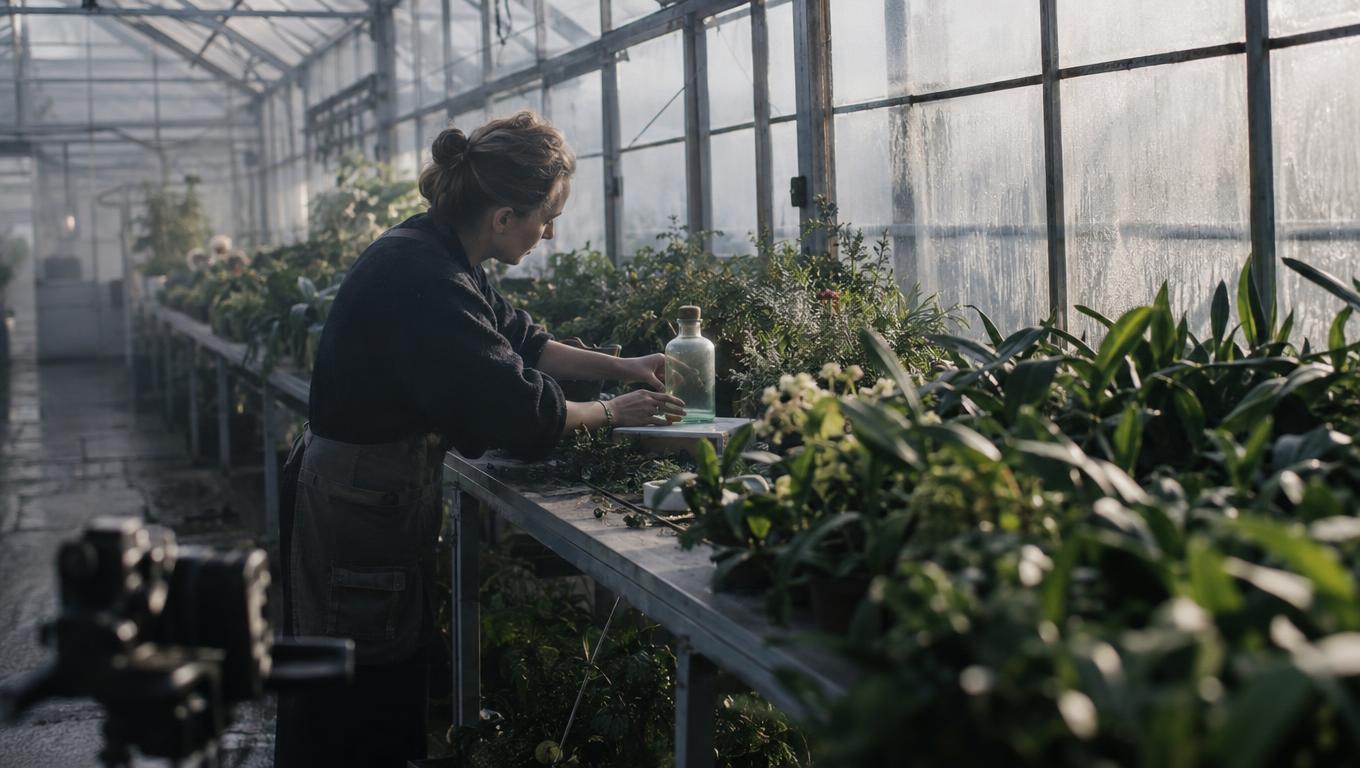 Stylist checks a bottle setup in a dawn greenhouse