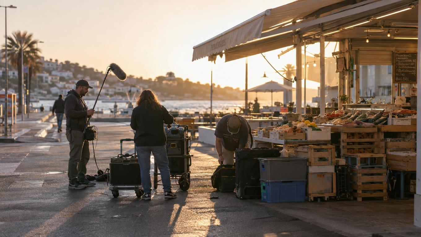 Equipe conclui uma filmagem de produto enquanto o local é preparado