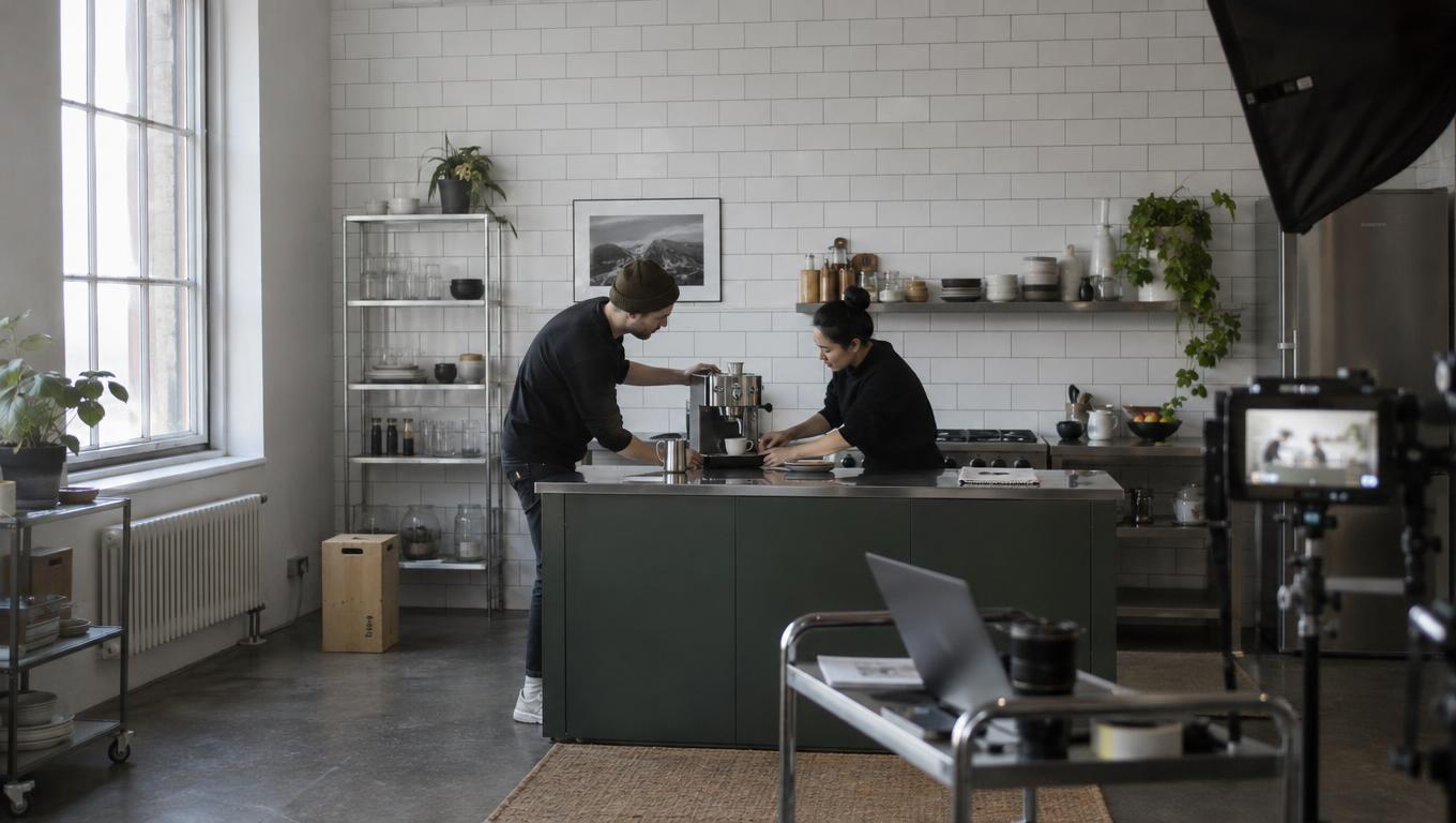 Pequena equipe prepara o cenário de uma campanha de máquina de espresso