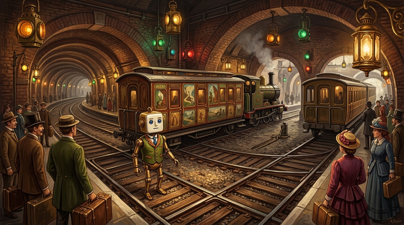 An automaton conductor guards a branching railway of changing story carriages