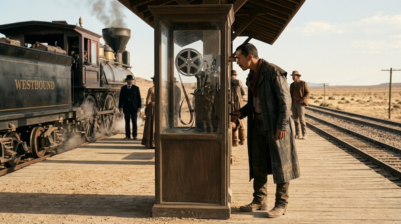 Rollos de película terminados mientras el tren hacia el oeste parte por fin