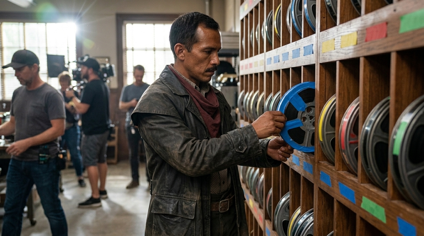El proyeccionista clasifica los rollos en una secuencia física fiable