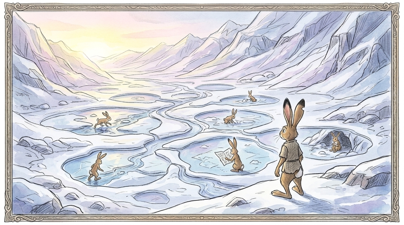 A lone hare surveys frozen ponds filled with moving scenes