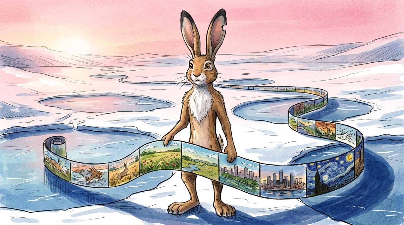 Hare guides a continuous lantern route across frozen story ponds