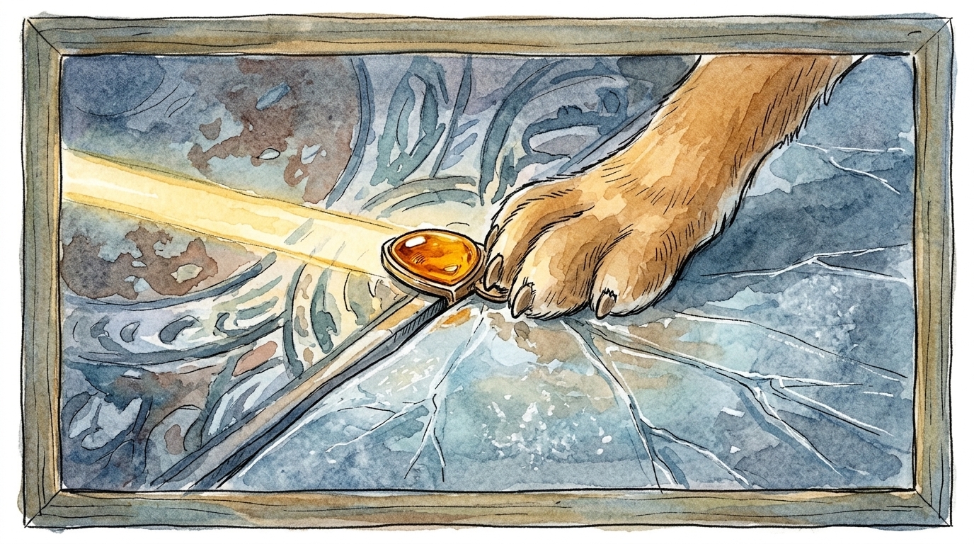 A paw secures the approved replacement tile’s amber clasp