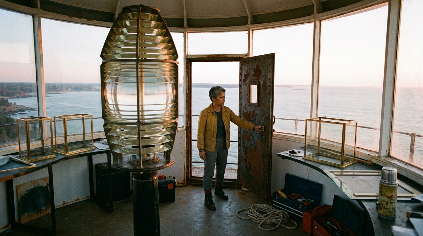 Keeper begins arranging a film sequence inside lighthouse