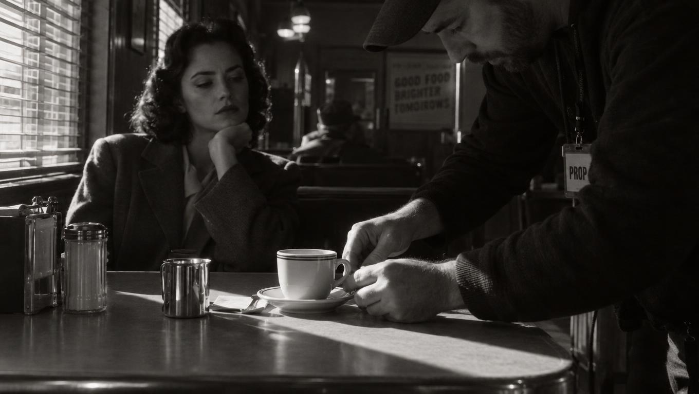 Prop master restores cup continuity between takes at a diner
