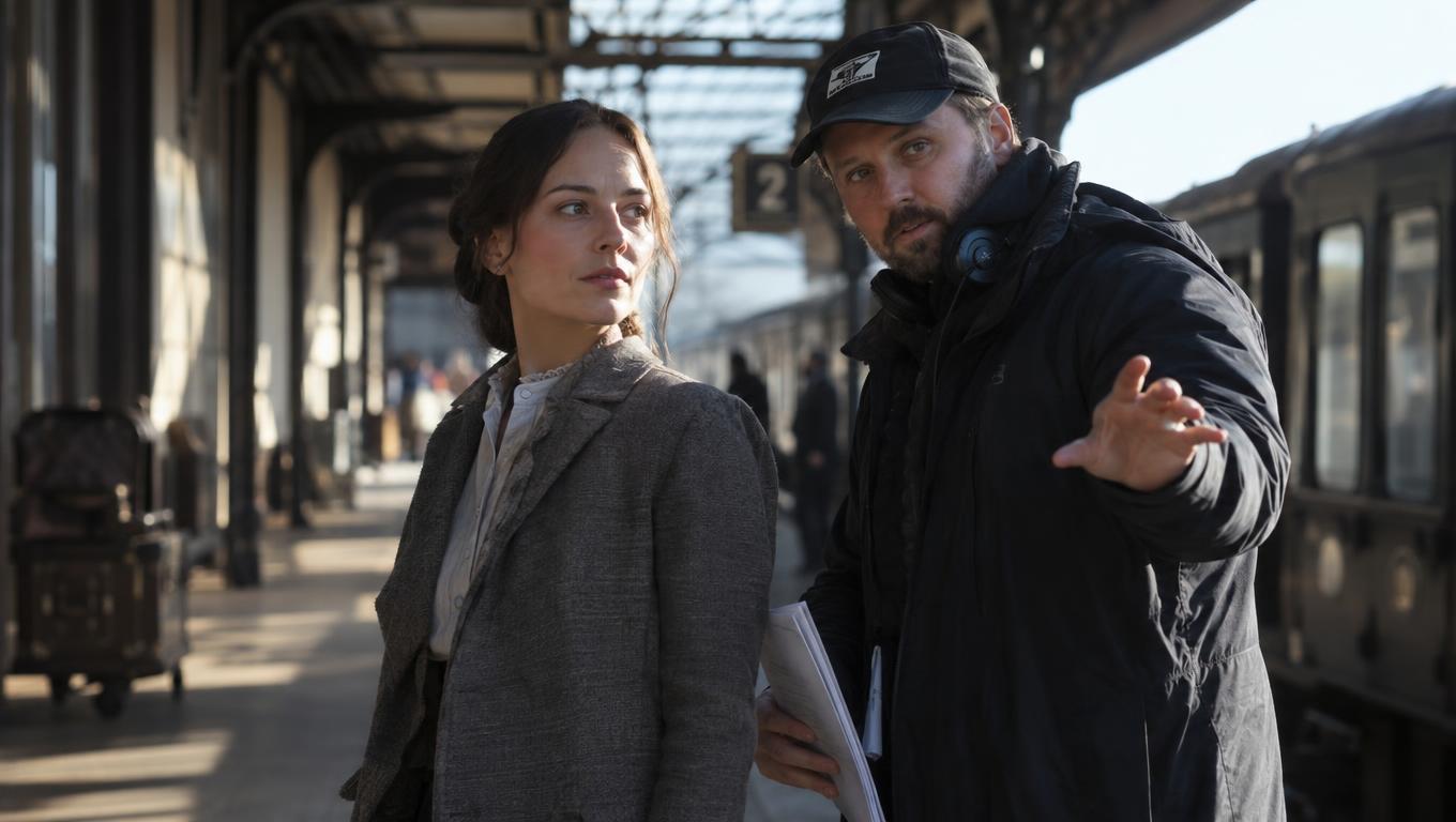 Produtor orienta o olhar de um ator numa plataforma ferroviária